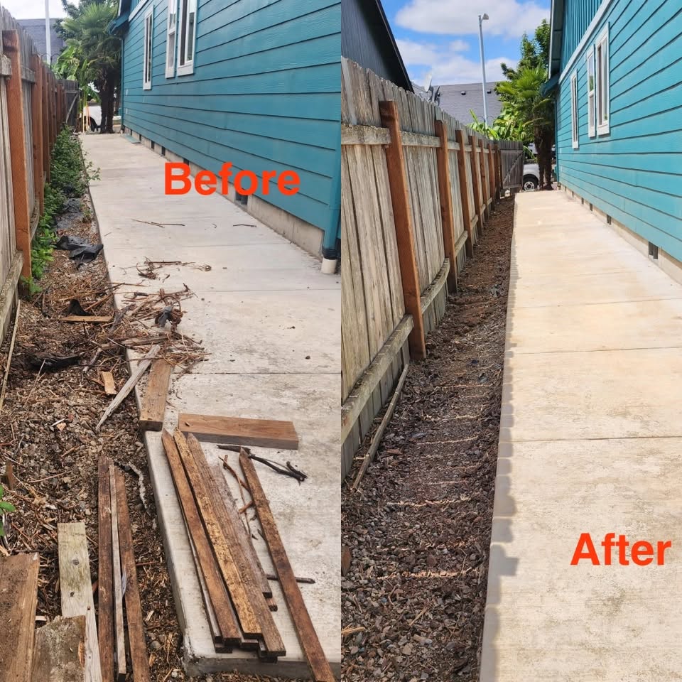 Before and after walkway debris removal and gravel clearing